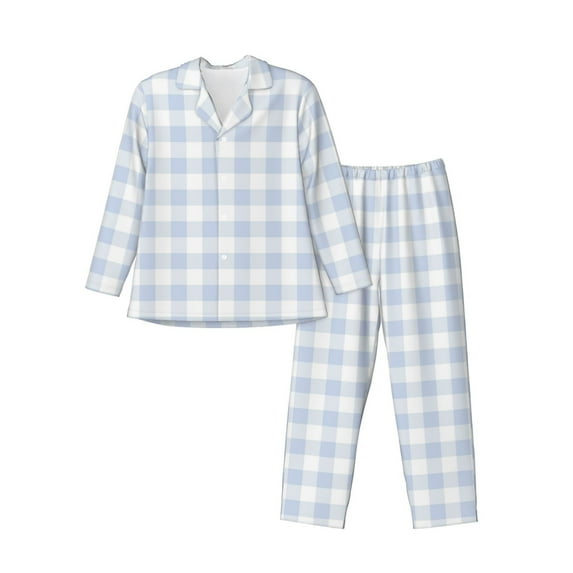 KLL Blue Checkboard Sleepwear Mens Flannel Pajamas,Long Cotton Pj Set