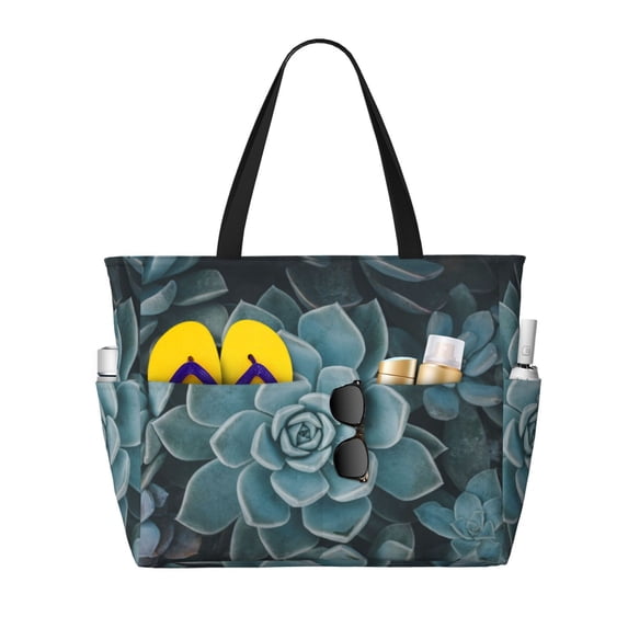 KLL Blue Color Cactus Print Large Beach Tote Bag Women Waterproof Sandproof Zipper Beach Tote Bag for Pool Gym Grocery Travel with Wet Pocket