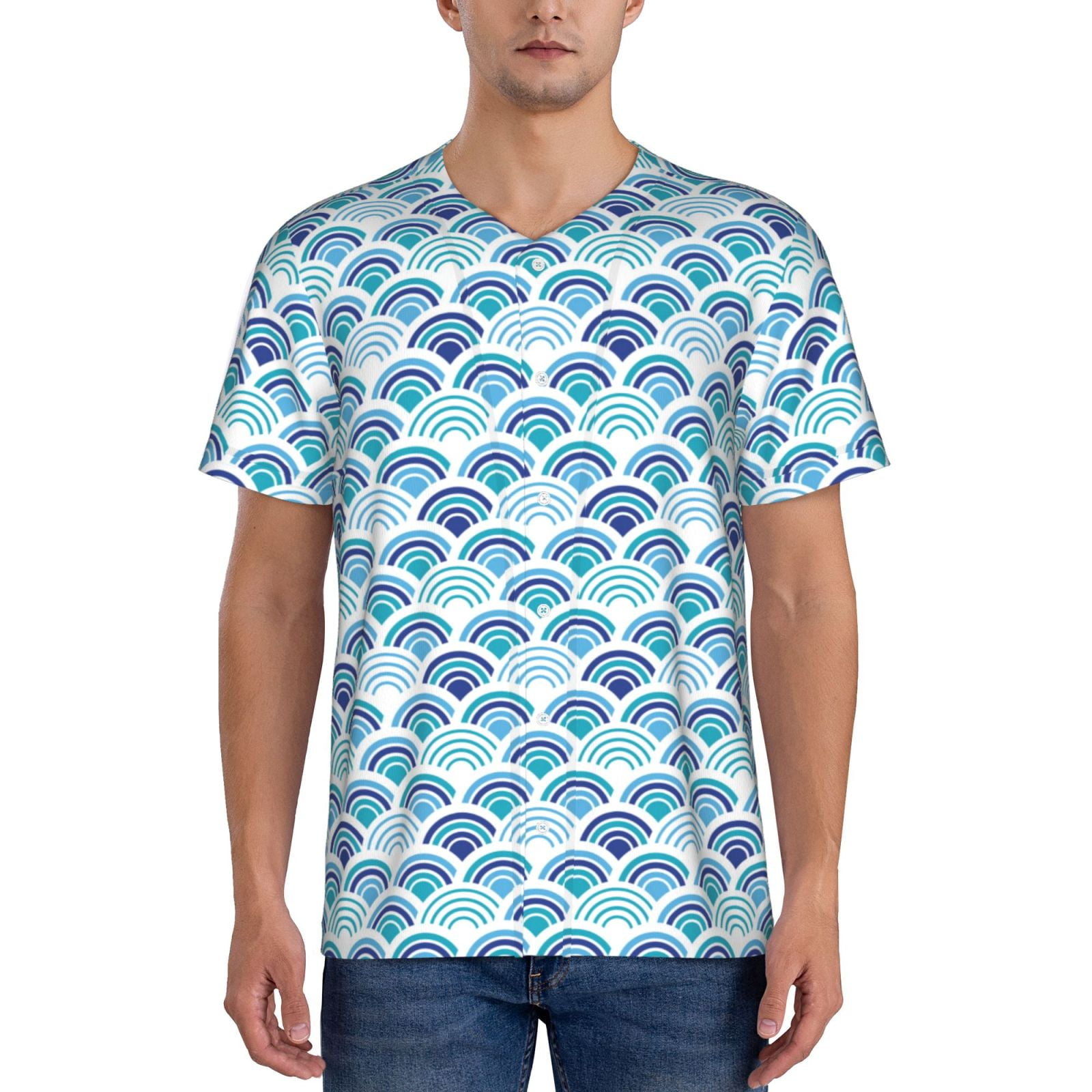 KLL Blue Fish Scale Texture for Men's Baseball Shirts,Short Sleeve ...