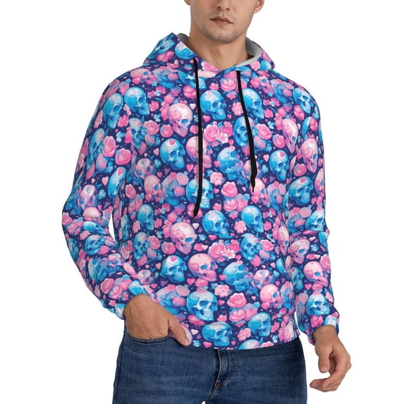 KLL Blue Flower Skull Print Mens Hoodie Long Sleeve Casual Pullover Hooded Sweatshirt Fashion Drawstring Hoodies with Pocket-3X-Large