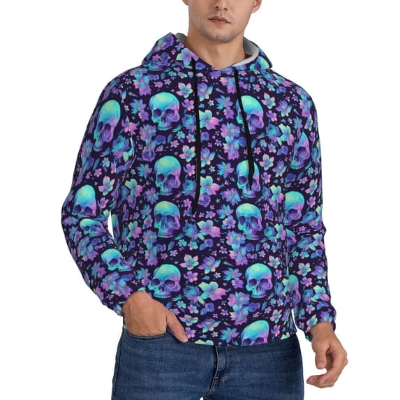 KLL Blue Flower Skull Print Mens Hoodie Long Sleeve Casual Pullover Hooded Sweatshirt Fashion Drawstring Hoodies with Pocket-Medium