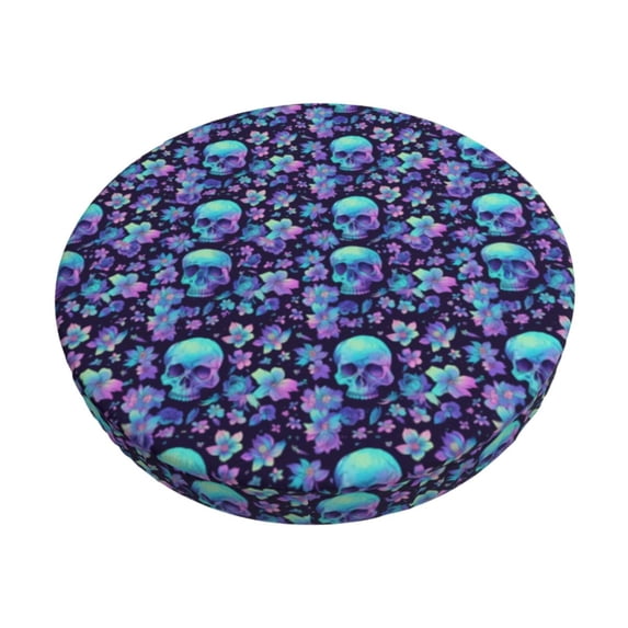 KLL Blue Flower Skull Round Bar Chair Cushion Cover 13 inch ,Bar Stool Protector with Elastic, Soft Washable
