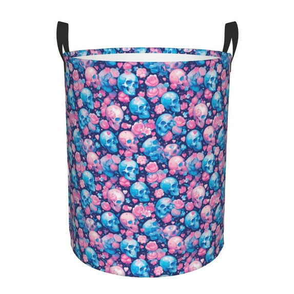KLL Blue Flower Skull Waterproof Foldable Laundry Hamper Bucket with Handles for Storage Bin,Kids Room,Home Organizer (Medium )