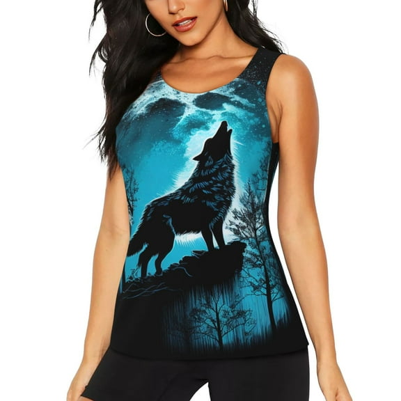 KLL Blue Full Moon Wolf Print Womens Tank Top Sleeveless Workout Tops Athletic Running Shirts Yoga Gym Clothes-Medium