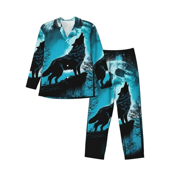 KLL Blue Full Moon Wolf Sleepwear Mens Flannel Pajamas,Long Cotton Pj Set