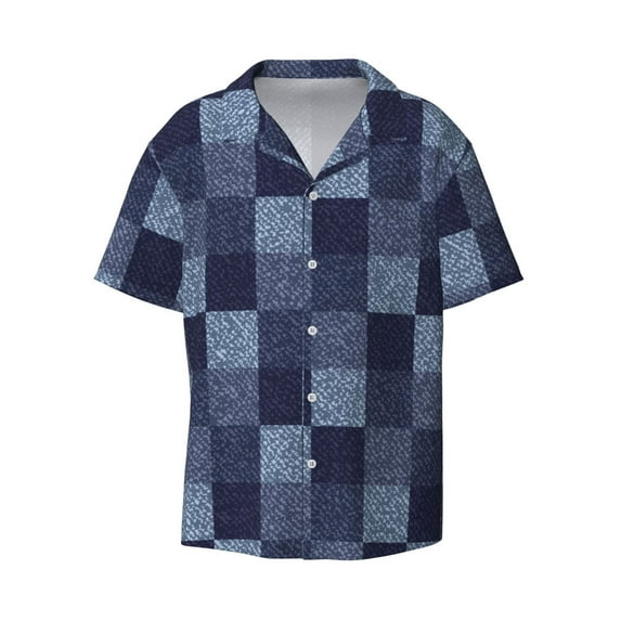 KLL Blue Gingham Buffalo Check Print Men's Shirt Short Sleeve Button Down Summer Cuba Beach Shirts- XX-Large