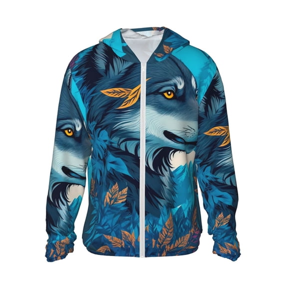 KLL Blue Iceberg Leaf Wolf Print Men's Women’s UPF 50+ Sun Protection Outdoor Hoodie Jacket Long Sleeve Fishing Hiking Performance Shirt-Large
