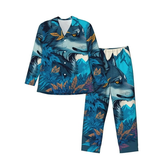 KLL Blue Iceberg Leaf Wolf Sleepwear Mens Flannel Pajamas,Long Cotton Pj Set