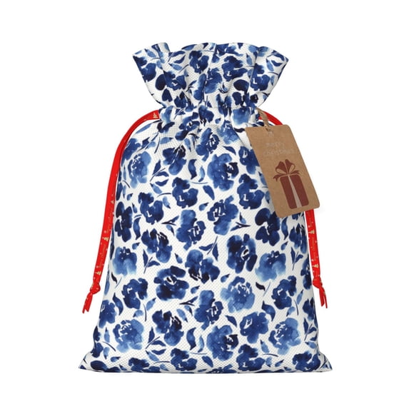 KLL Blue Ink Flowers for Christmas Gift Bag,Holiday Bags for Gifts Christmas Bags & Drawstring Gift Pouch Reusable Holiday Gift Bags & Party Favor Bags (1 PCS)-Small