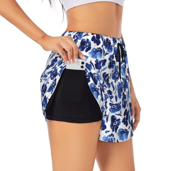 KLL Blue Ink Flowers Pattern Shorts Women,Athletic Shorts High Waisted Running Shorts Pocket Sporty Short Gym Elastic Workout Shorts-Medium