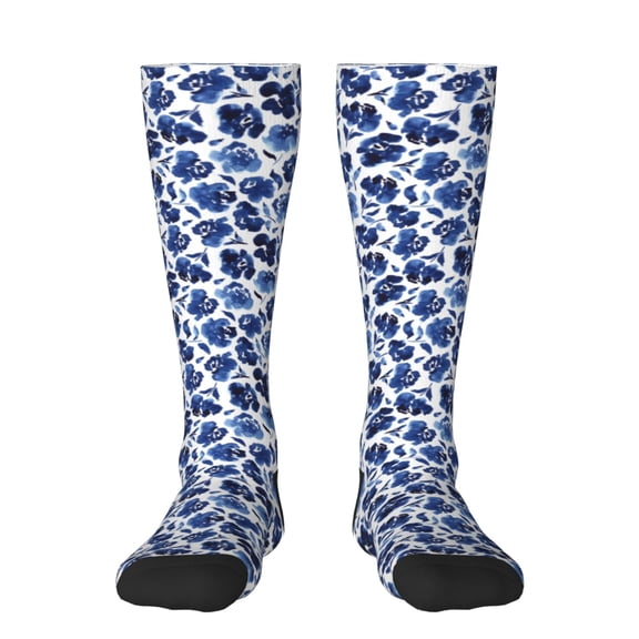 KLL Blue Ink Flowers Print Cool Socks Men's Women's Crew Socks Funny Crazy Novelty Stockings