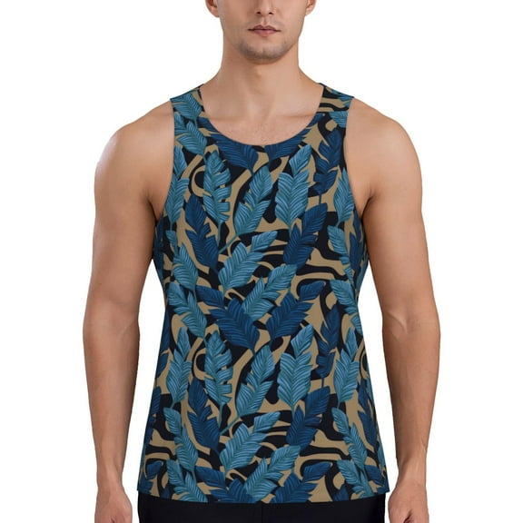 KLL Blue Leaves A Print Men's Muscle Gym Workout Stringer Tank Tops Bodybuilding Fitness T-Shirts Tank Tops Men-XX-Large