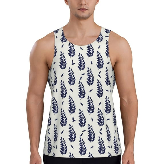 KLL Blue Leaves Print Men's Muscle Gym Workout Stringer Tank Tops Bodybuilding Fitness T-Shirts Tank Tops Men-4X-Large