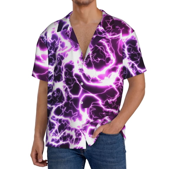 KLL Blue Lightning Print Men's Shirt Short Sleeve Button Down Summer Cuba Beach Shirts- XX-Large