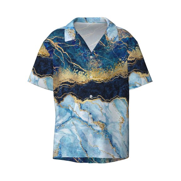 KLL Blue Marble Print Men's Shirt Short Sleeve Button Down Summer Cuba Beach Shirts- XX-Large