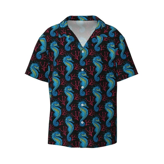 KLL Blue Seahorse Print Men's Shirt Short Sleeve Button Down Summer Cuba Beach Shirts- 3X-Large