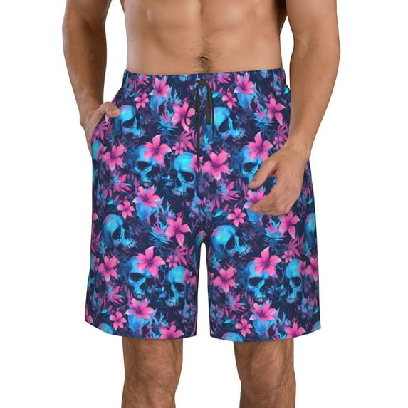 KLL Blue Skull Flower Men's Casual Summer Beach Shorts Hawaiian Shorts with Pockets-X-Large