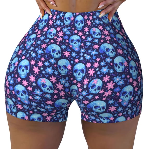 KLL Blue Skull Flower Pattern Workout Shorts for Women Scrunch Short Gym Yoga Running Sport Active Exercise Fitness Shorts