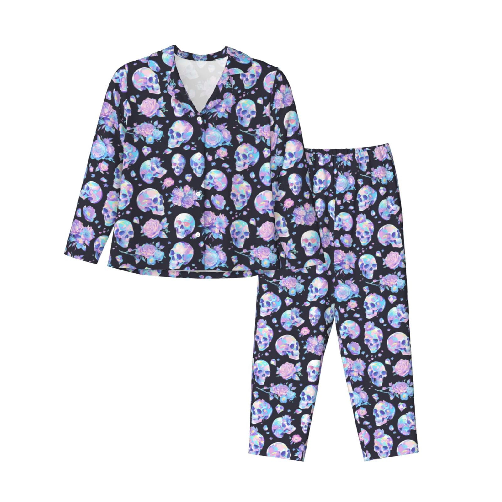 KLL Blue Skull Flower Print Women's Long Sleeve Pajamas with Pants