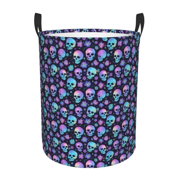 KLL Blue Skull Flower Waterproof Foldable Laundry Hamper Bucket with Handles for Storage Bin,Kids Room,Home Organizer (Small )