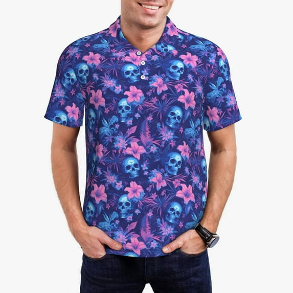 KLL Blue Skull Leaf Print Men's Short Sleeve Golf Polo,Three-Button Polo Shirts Summer Fashion Golf Shirt-Large