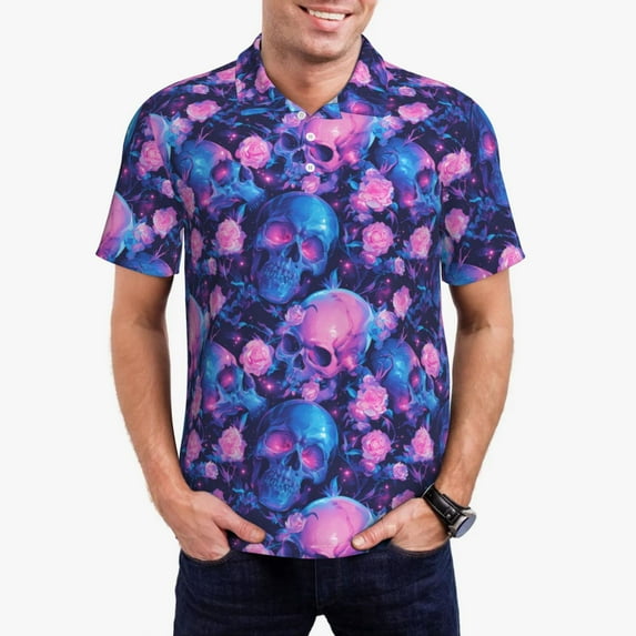 KLL Blue Skull Rose Print Men's Short Sleeve Golf Polo,Three-Button Polo Shirts Summer Fashion Golf Shirt-4X-Large