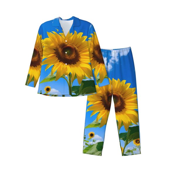 KLL Blue Sky Sunflower Sleepwear Mens Flannel Pajamas,Long Cotton Pj Set