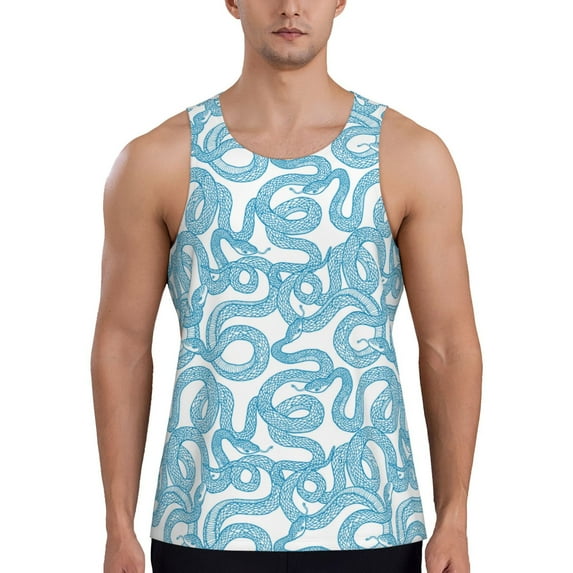 KLL Blue Snake Print Men's Muscle Gym Workout Stringer Tank Tops Bodybuilding Fitness T-Shirts Tank Tops Men-XX-Large