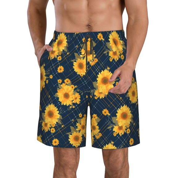 KLL Blue Striped Sunflower A Men's Casual Summer Beach Shorts Hawaiian Shorts with Pockets-Large