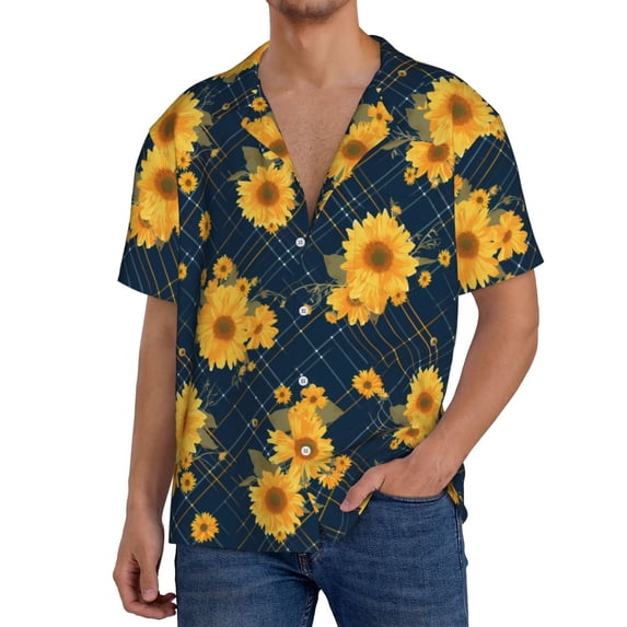 KLL Blue Striped Sunflower A Print Men's Shirt Short Sleeve Button Down Summer Cuba Beach Shirts- 3X-Large