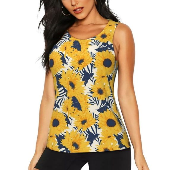 KLL Blue Striped Sunflower Print Womens Tank Top Sleeveless Workout Tops Athletic Running Shirts Yoga Gym Clothes-Medium