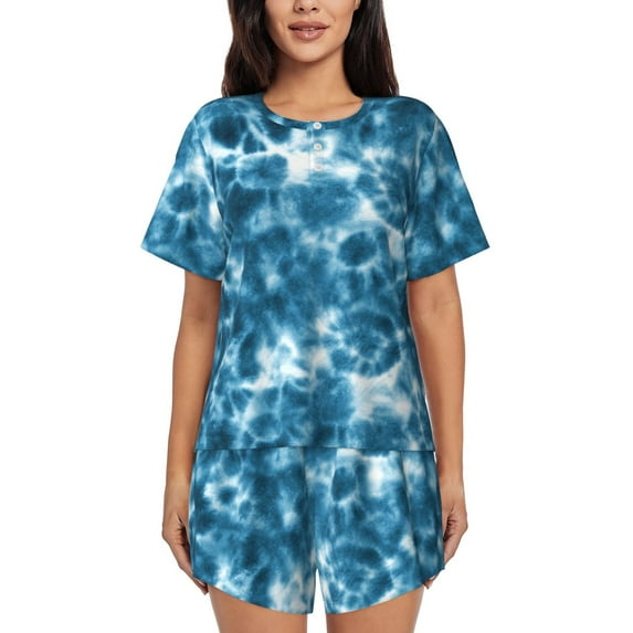 KLL Blue Tie Dye Print Pajama Set for Women Short Sleeve Sleepwear Pjs Soft 2 Piece Lounge Sleepwear Sets-4X-Large