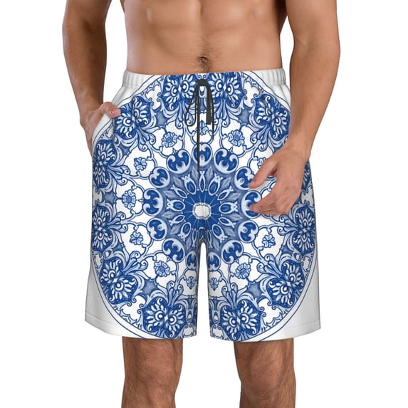 KLL Blue Watercolor Men's Casual Summer Beach Shorts Hawaiian Shorts with Pockets-3X-Large