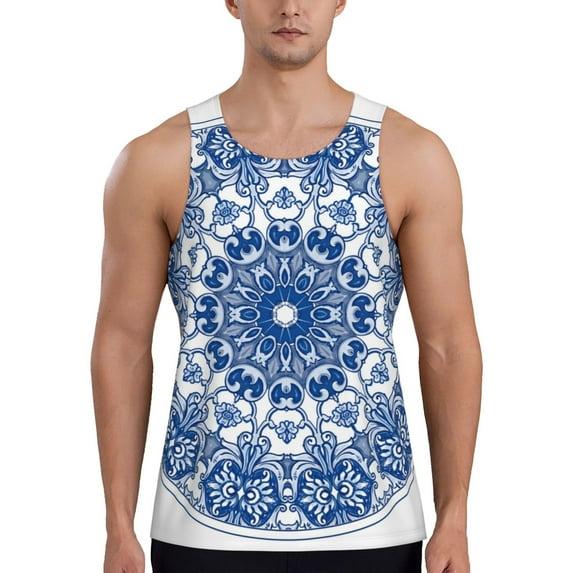 KLL Blue Watercolor Print Men's Muscle Gym Workout Stringer Tank Tops Bodybuilding Fitness T-Shirts Tank Tops Men-XX-Large