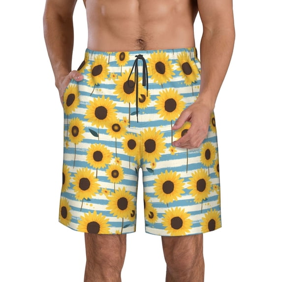KLL Blue White Striped Sunflower A Men's Casual Summer Beach Shorts Hawaiian Shorts with Pockets-Large