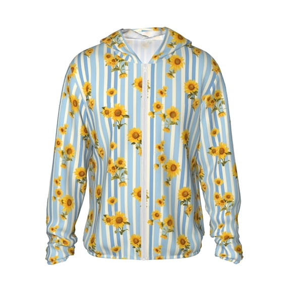 KLL Blue White Striped Sunflower Print Men's Women’s UPF 50+ Sun Protection Outdoor Hoodie Jacket Long Sleeve Fishing Hiking Performance Shirt- Large