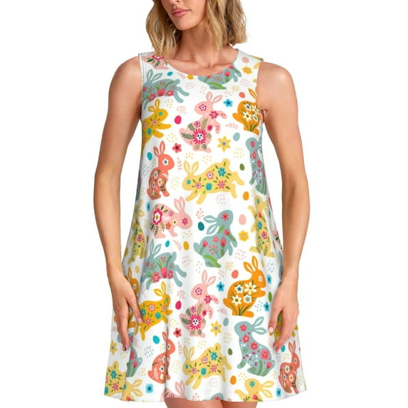 KLL Boho Bunny Pattern Womens Summer Dresses 2025,Loose Round Neck Sleeveless Sundresses Tank Dresses with Pockets
