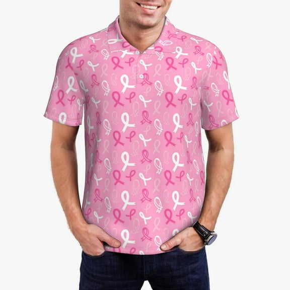 KLL Breast Cancer Awareness (3) Print Men's Short Sleeve Golf Polo,Three-Button Polo Shirts Summer Fashion Golf Shirt-Small