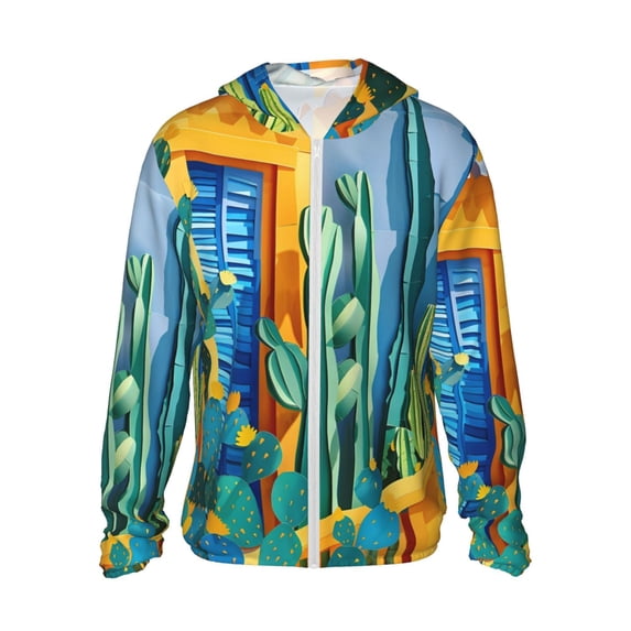 KLL Bright Paper Cactus Scene Print Men's Women’s UPF 50+ Sun Protection Outdoor Hoodie Jacket Long Sleeve Fishing Hiking Performance Shirt- X-Large