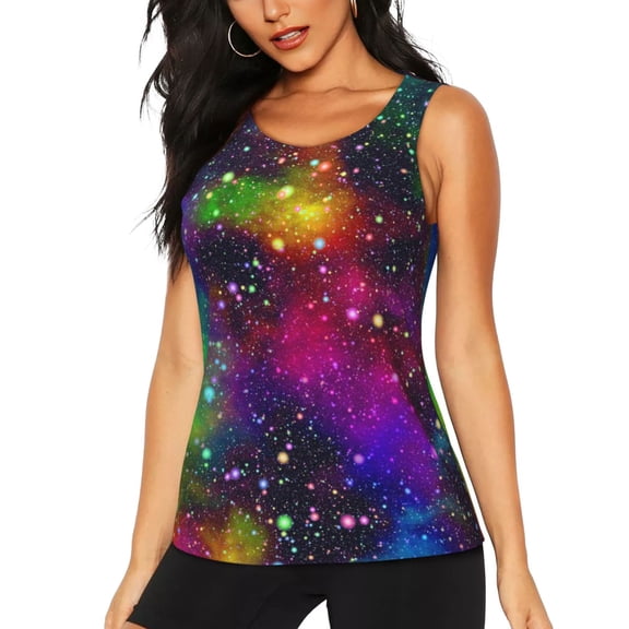 KLL Bright Universe Print Womens Tank Top Sleeveless Workout Tops Athletic Running Shirts Yoga Gym Clothes-Small