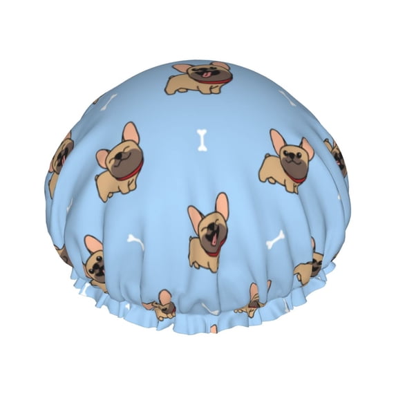 KLL Brown French Bulldog Pattern Shower Cap & Bath Cap for Women,Reversible Oversized Waterproof Shower Caps for all Hair Lengths,Elastic Reusable Bathing Hair Cap