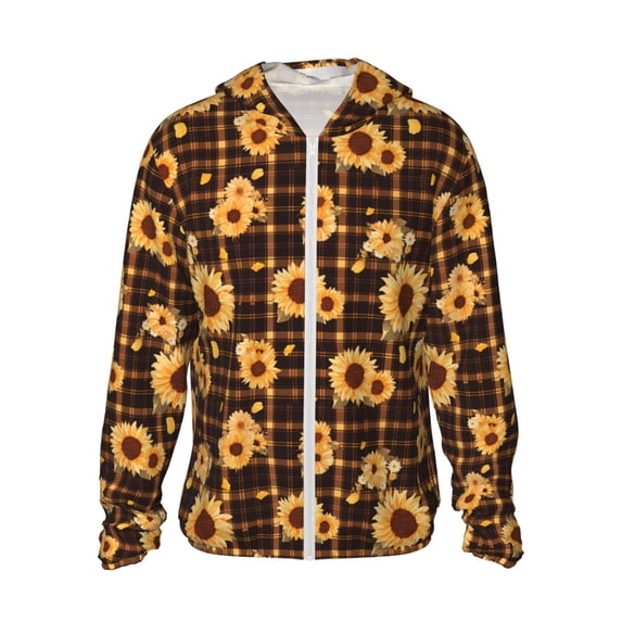 KLL Brown Plaid Sunflower Print Men's Women’s UPF 50+ Sun Protection Outdoor Hoodie Jacket Long Sleeve Fishing Hiking Performance Shirt-XX-Large