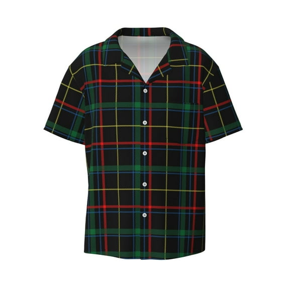 KLL Buffalo Plaid Dark Green Print Men's Shirt Short Sleeve Button Down Summer Cuba Beach Shirts- Medium