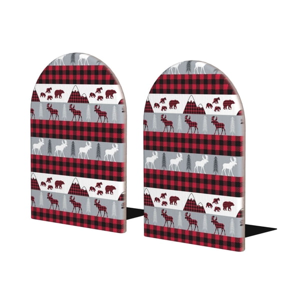 KLL Buffalo Plaid Forest Print Wood Book Ends for Shelves,1 Pair Wood Bookends Book Holder Stand Decorative, Book Stoppers for Heavy Duty Books CD File Video Games