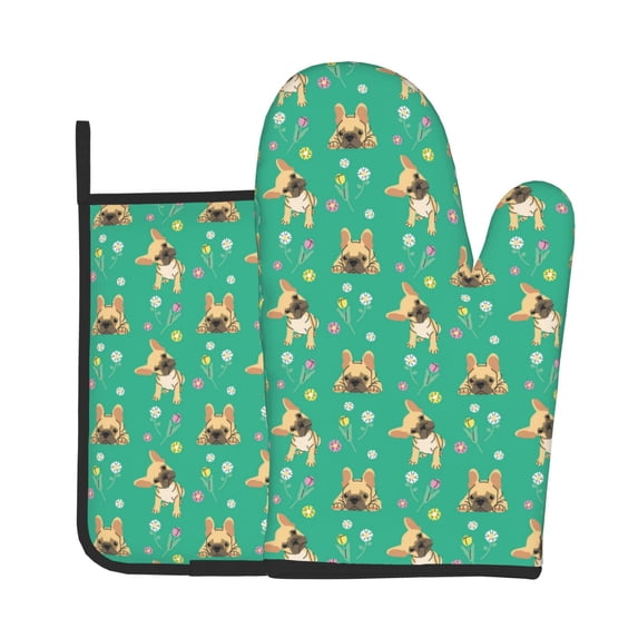 KLL Bulldog Puppy Flower Pattern Oven Mitts and Pot Holders 2pcs Sets for Kitchen, Oven Mitt Heat Resistant 536°F, Oven Gloves for Kitchen,Cooking and Baking