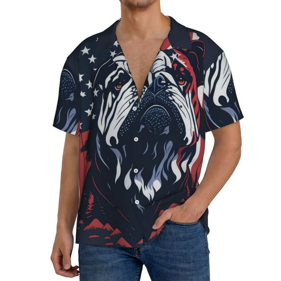 KLL Bulldog with Forest Flag Print Men's Shirt Short Sleeve Button Down Summer Cuba Beach Shirts- Small
