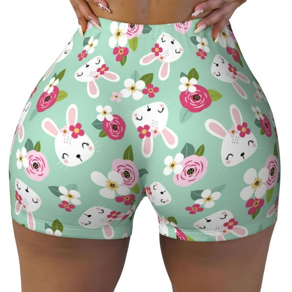 KLL Bunny And Rose Pattern Workout Shorts for Women Scrunch Short Gym Yoga Running Sport Active Exercise Fitness Shorts