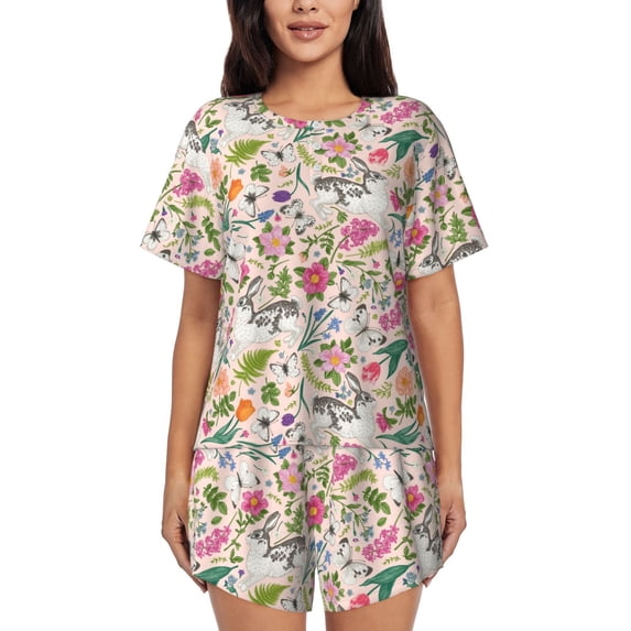 KLL Bunny Floral Print Pajama Set for Women Short Sleeve Sleepwear Pjs Soft 2 Piece Lounge Sleepwear Sets-4X-Large
