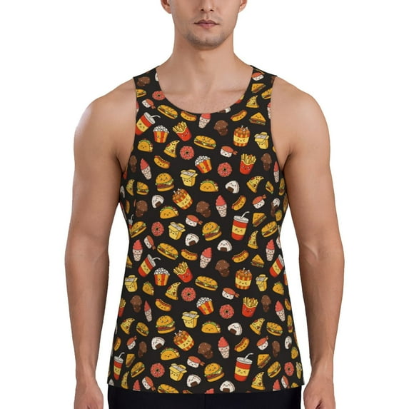 KLL Burger Fries Print Men's Muscle Gym Workout Stringer Tank Tops Bodybuilding Fitness T-Shirts Tank Tops Men-X-Large