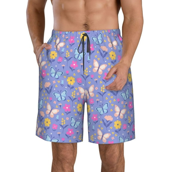 KLL Butterflies And Flowers Men's Casual Summer Beach Shorts Hawaiian Shorts with Pockets-Small